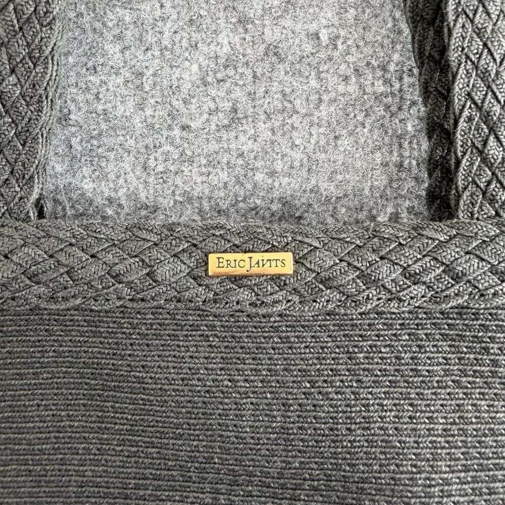 Eric Javits Straw Tote Shoulder Bag Gray Gingham Zip Top Minimalist Casual Chic